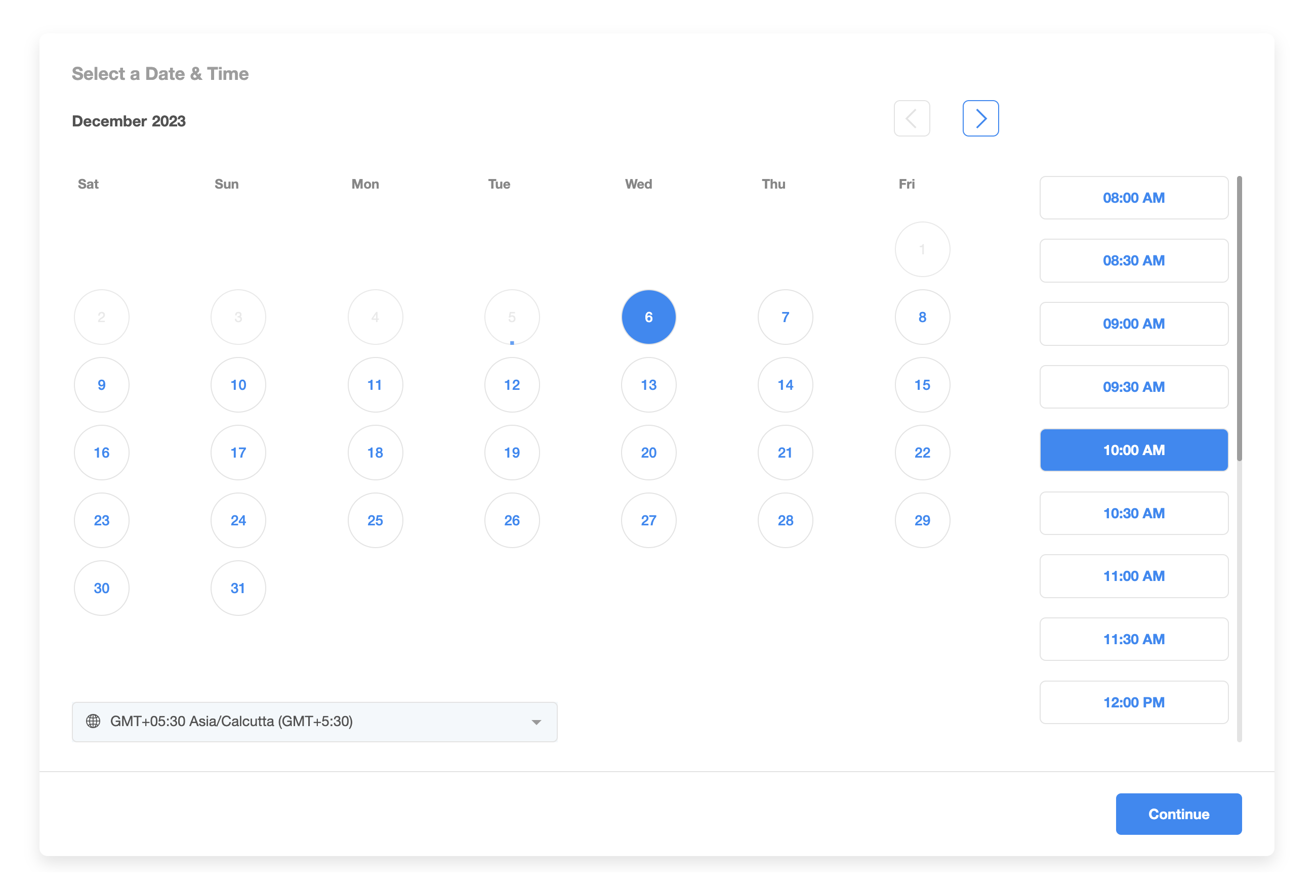 Client booking page showing date picker and available time slots