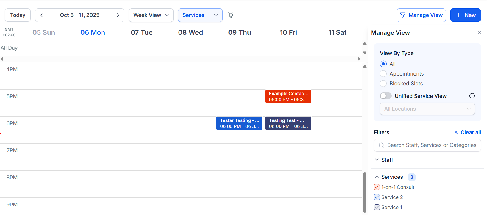 The Circle calendar week view showing scheduled appointments, staff filters, and service categories