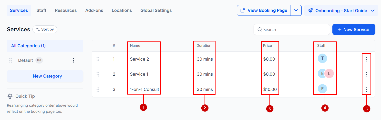 Service appointments management showing appointment details, staff, resources, and add-ons
